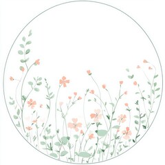 a circle frame of little flowers in water green and pink, watercolor 