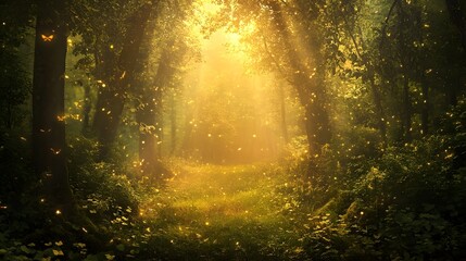 Naklejka premium Enchanting Lush Fantasy Forest with Glowing Golden Rays and Ethereal Mist