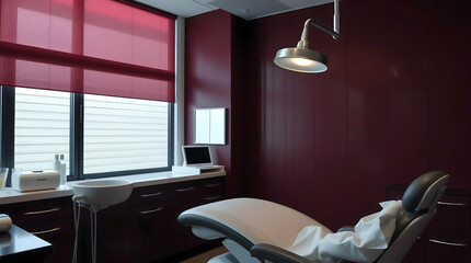 Modern Dental Office with Reclining Chair, Maroon Walls, Natural Light, Sleek Overhead Lamp, and Minimalist Design for Professional Ambiance.