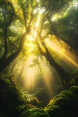 Fototapeta premium Ethereal Golden Rays Streaming Through Enchanted Moss-Covered Forest