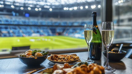 Champagne celebration and gourmet dining overlooking a football stadium game