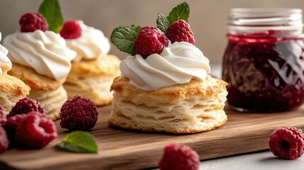 Tempting dessert showcasing fresh raspberry-topped biscuits with whipped cream, perfect for dessert lovers and for brightening any sweet occasion.