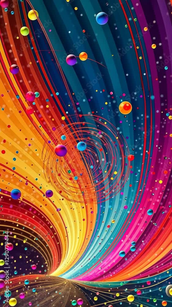 Poster a colorful image with a rainbow and many small balls. the balls are scattered throughout the image, 