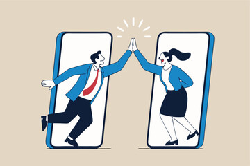 online video conference concept, remote working or online greeting for business achievement, Virtual hi five for success collaboration, happy businessman and businesswoman hi five from mobile phone.