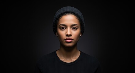 Portrait Photograph of a Woman Wearing a Black Beanie with Calm Expression on Dark Background
