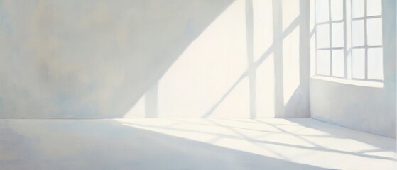 Obraz premium Bright empty room with large windows, natural light streaming in, minimalist interior, soft shadows on white walls, peaceful and modern space for creativity.