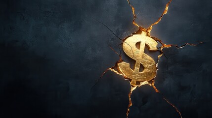 A striking golden dollar symbol emerges from a dark cracked surface, representing wealth and prosperity in a visually captivating manner for financial themes.