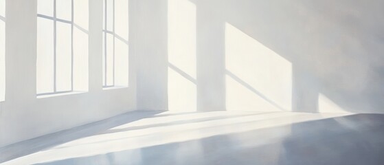Obraz premium Bright empty interior space with large windows, natural light streaming in, white walls and floor, minimalist design, ideal for modern architecture backgrounds.