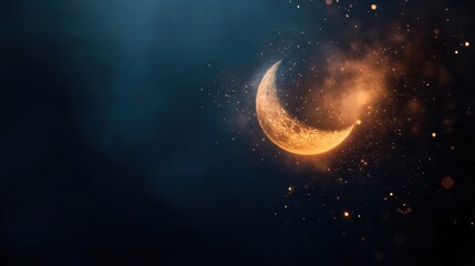 Fototapeta premium This mesmerizing image presents a crescent moon radiating a warm glow, surrounded by swirling cosmic light, capturing the beauty and mystery of the universe.