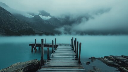 A rustic wooden pier leading into a still, turquoise lake, with thick fog covering the distant mountains.