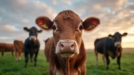 A close-up of a curious brown cow in a lush green field, highlighting its gentle expression and the peacefulness of a rural landscape under a beautiful sky.