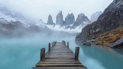 A rustic wooden pier on a foggy turquoise lake, surrounded by snow-capped mountain peaks.