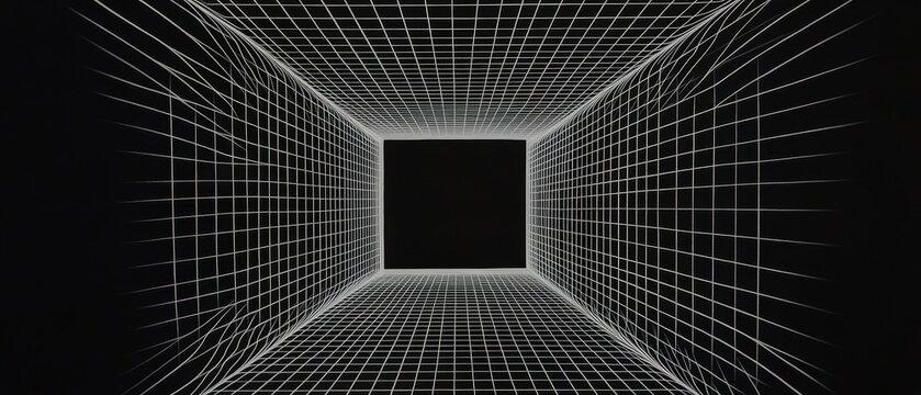 3D perspective view of a grid tunnel with glowing lines, digital abstract background with infinite depth and depth perception for futuristic designs.