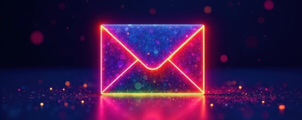 Naklejka premium Neon envelope, multicolored glitter effect, dark backdrop, dark, vibrant, glitter