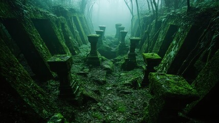 Ancient temple ruins with moss in the forest for use in tourism, and fantasy setting