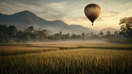 Obraz premium A colorful hot air balloon soaring gracefully over a lush, vibrant field below
