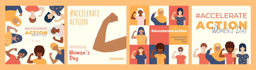 #AccelerateAction Square Banners set. IWD2025. International Women's Day. March 8. Faceless vector illustration.