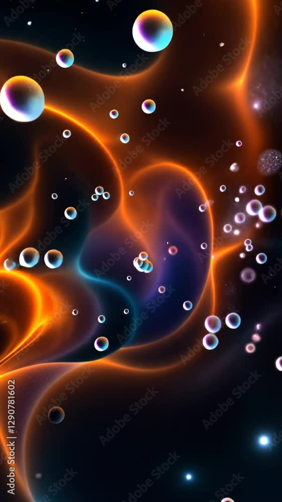 Poster a purple and orange swirl with a lot of dots. there are many dots in the swirl