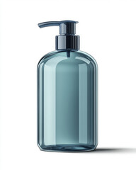 Fototapeta premium Elegant blue hand wash bottle with pump, made of transparent plastic, perfect for modern bathrooms or kitchens. Ideal for liquid soap or lotion storage