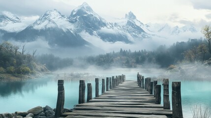 Naklejka premium A rustic wooden pier on a foggy turquoise lake, surrounded by snow-capped mountain peaks.