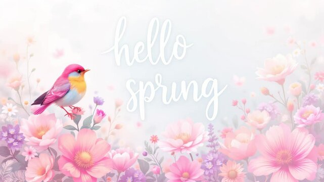 Text hello spring on background with beautiful flowers and bird. spring season with plants, leaves and colorful flowers. Begin springtime. Floral spring concept. 