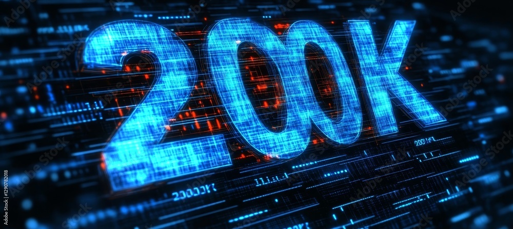 Poster glowing digital number 200k on a futuristic technology background with circuit board pattern