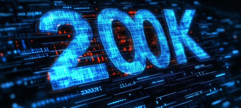 Glowing Digital Number 200K on a Futuristic Technology Background with Circuit Board Pattern