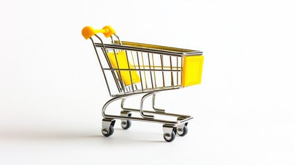 Yellow miniature shopping cart, white background, online shopping concept