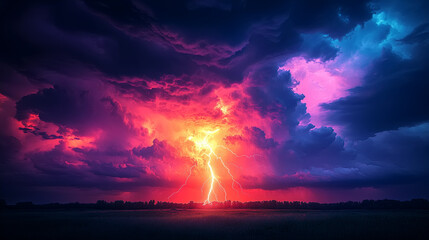 Obraz premium Vivid lightning bolt striking through a colorful and dramatic sky over a dark landscape, Generative AI