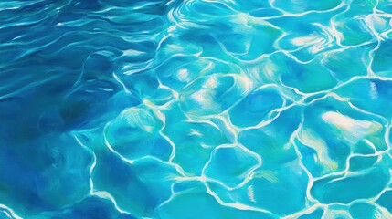 Fototapeta premium Blue water surface with sunlight reflections, clear swimming pool textures, shimmering waves, aquatic patterns, serene summer background.