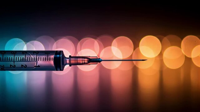 A close up of a syringe against a colorful bokeh background