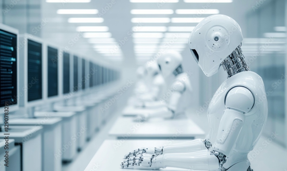 Poster futuristic robotics in high-tech automated facility