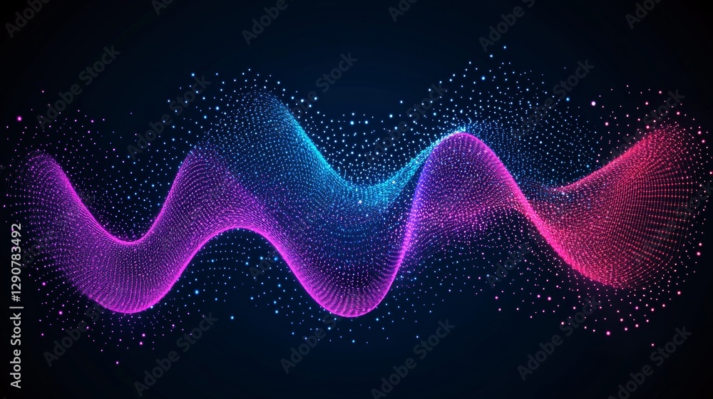 Poster abstract wave of glowing particles. digital data stream, sound wave visualization, big data flow