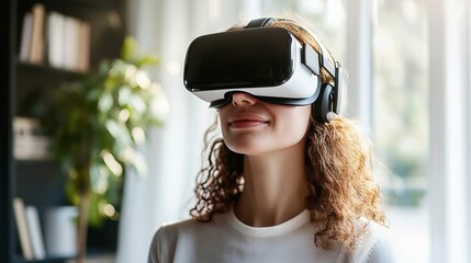Fototapeta premium Woman Experiencing Immersive Virtual Reality Headset Technology Modern Digital Future Innovation Exploring Metaverse Advanced Headset Experience 