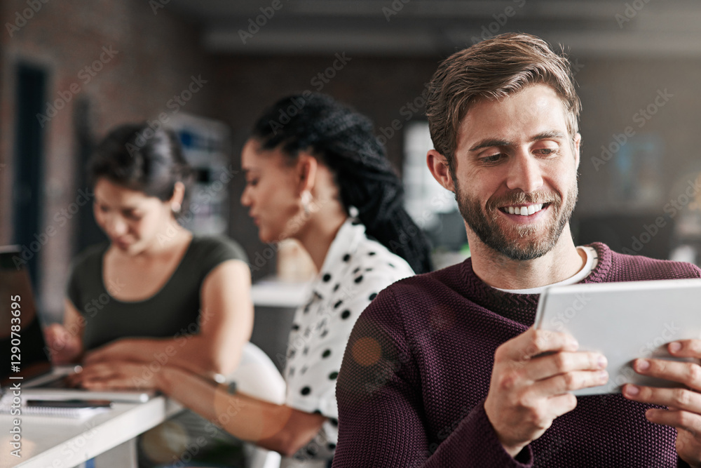 Poster office, happy and businessman on tablet in meeting for networking, connection and digital notes. sta