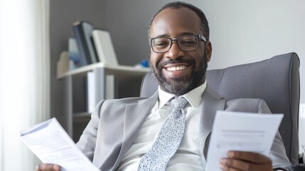 Naklejka premium Clinical psychologist style. Confident businessman reviewing documents with a smile.