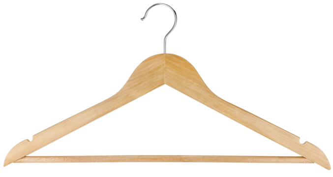 Wooden hanger for clothes isolated on a transparent background. Completely in focus. Focus stacking.