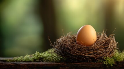 A serene scene showcasing a single brown egg resting in a beautifully woven nest, surrounded by gentle greenery, symbolizing new beginnings and nature's harmony.
