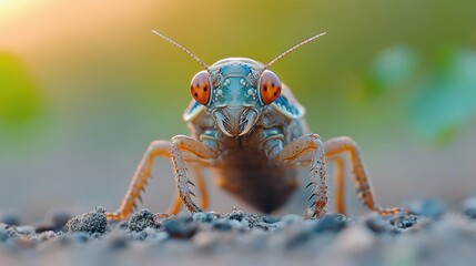 Close-up of a vibrant insect with striking orange eyes, intricate details, and unique coloring.  A mesmerizing macro photograph of nature's beauty.
