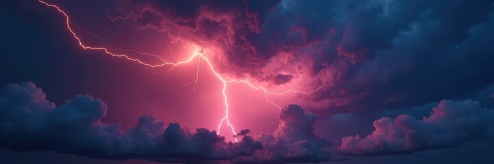 Angry cloudscape, vibrant lightning bolt illuminates darkness, grey, nature, bright
