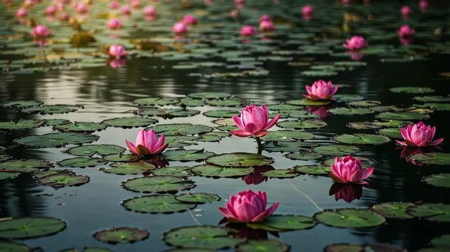 Serene pond filled with blooming pink lotus flowers and lush leaves