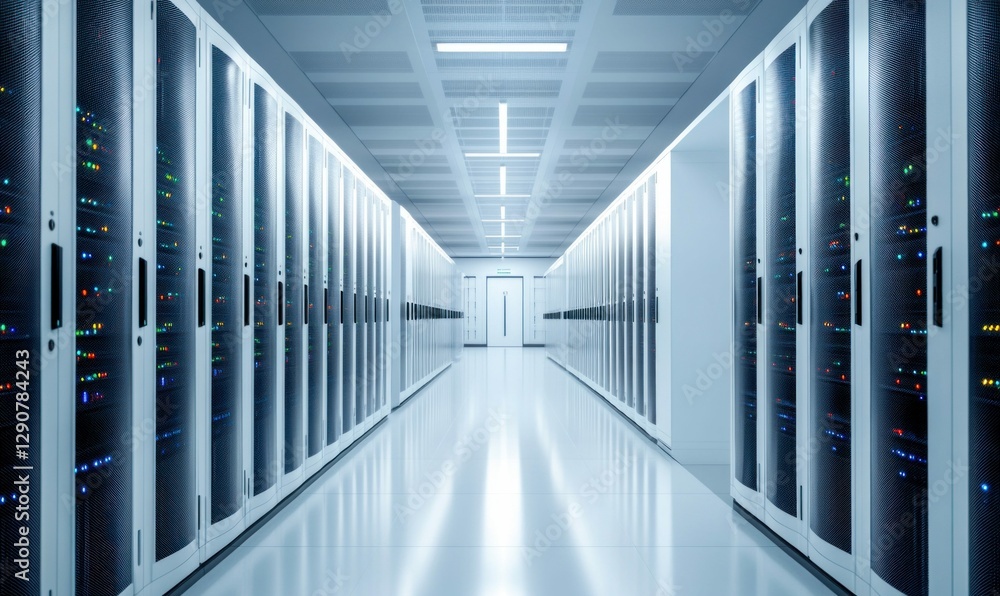 Poster modern data center with rows of server racks