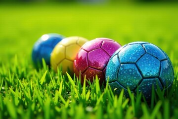 Fototapeta premium Close-up of four sparkling soccer balls nestled in bright green grass , glitter, game