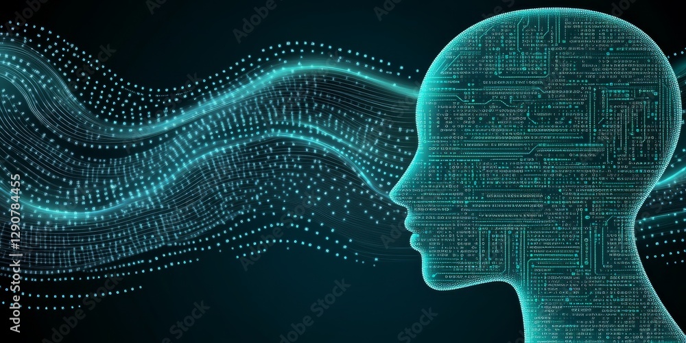 Aufkleber tech mind abstract profile with motherboard motifs and flowing data stream on dark blue