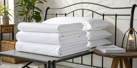 Modern Iron Bed Frame, White Cotton Sheets, Stacked, Minimalist Bedroom, Clean Lines, Copy Space, Interior Design Photography