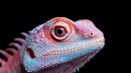 Obraz premium Pink lizard portrait, exotic reptile close-up, black background, wildlife