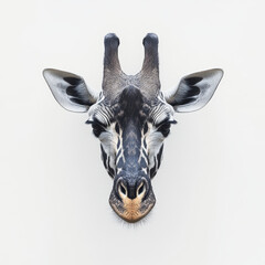 Obraz premium Giraffe head looking at camera, isolated on white background, showcasing its unique features and expression. This captures majestic beauty of this animal