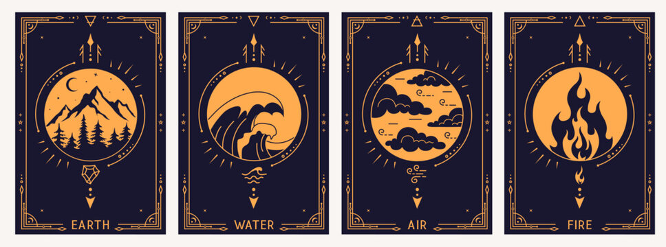 ElementFour elements magic card set. Set of Boho style posters with symbo of natural elements. Sacred mystical design, spiritual sign.s