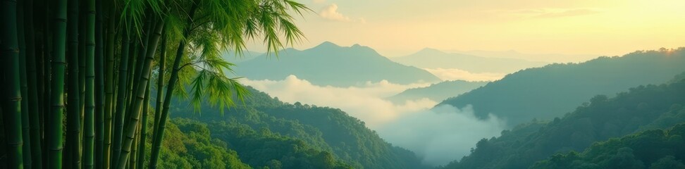Misty morning, towering bamboo, misty atmosphere, ethereal, green