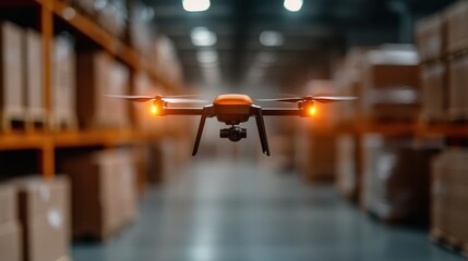A vibrant drone navigates through a bustling warehouse filled with neatly stacked boxes, illustrating the intersection of modern technology and efficient supply chains.